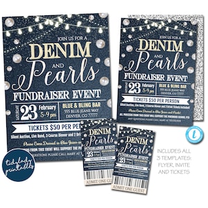 EDITIERBARE Denim und Perlen Benefiz Fundraiser Einladung / Flyer / Ticket Set Digital Invite, Formelle Gala, Pto School Event, DRUCKBARE VORLAGEN