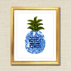 Blue and White Ginger Jar Digital Art Print, Chinoisierie Chic, INSTANT DOWNLOAD, Blue and White Chinoiserie Vase, Pineapple Happiness Jar