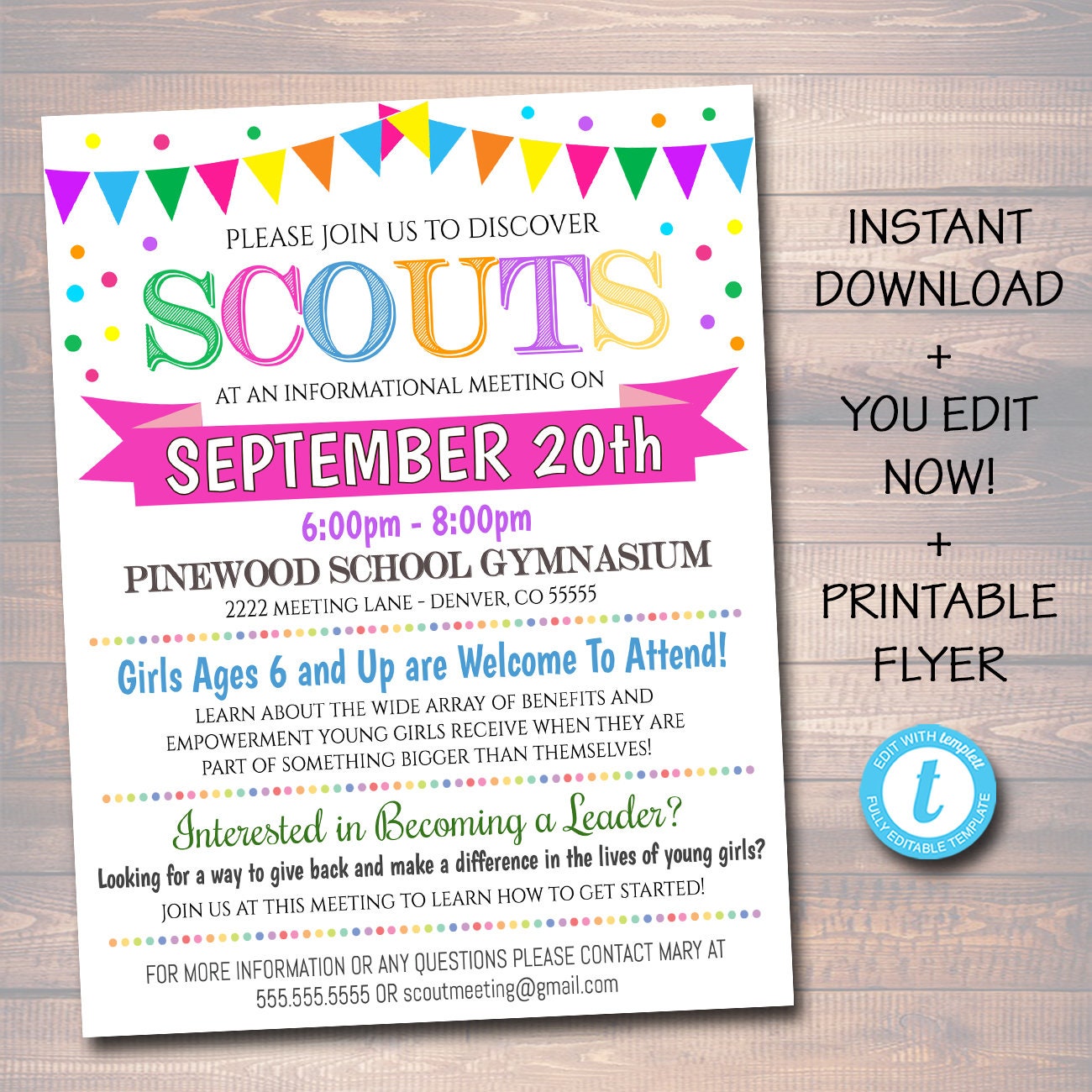 EDITABLE Recruitment Flyer Template, INSTANT DOWNLOAD, Informational  Meeting Info, Scout Parent Communication Form, School, Troop Printable Intended For Parent Flyer Templates