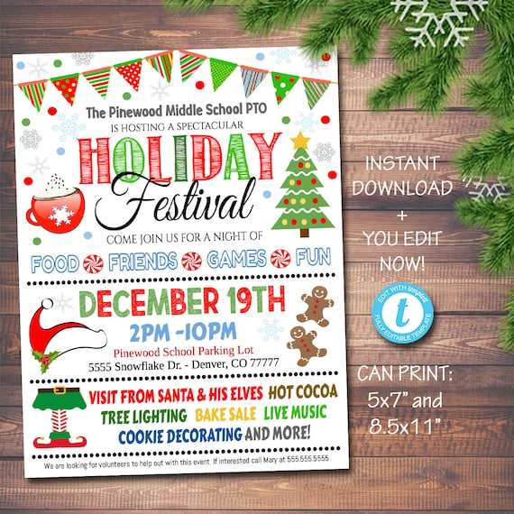 EDITABLE Holiday Festival Christmas Flyer/Poster Printable Christmas Invitation Community Xmas Event Church School Pto Pta Fundraiser Invite Il_570xn