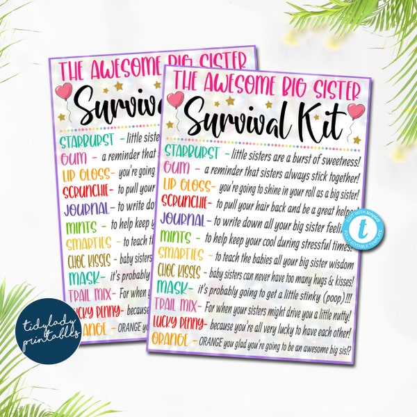 EDITABLE Big Sister Survival Kit Printable, Kids Sibling Gift, Kids Girl Daughter Present, New Baby in Family Snack Treat Gift Idea TEMPLATE