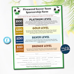 Soccer Sponsorship Form, Sponsership Membership Donation Signup Printable Handout, Team School Sports Fundraiser Event, EDITABLE TEMPLATE