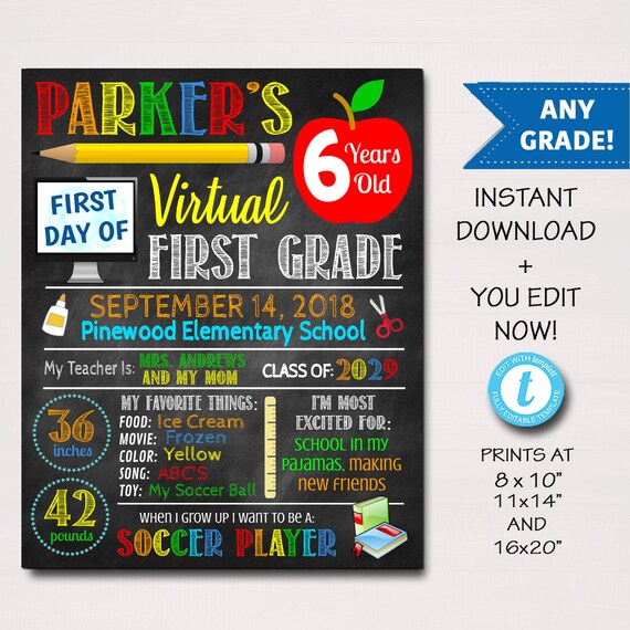 First Day Of Virtual School Sign, Back to School 2020 Chalkboard Poster Quarantine Sign, Any Grade Sign, 1st Day of School Editable Template Il_570xn