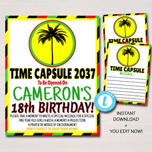 One Love First Birthday Time Capsule Printables, Party Decor, Jamaica Reggae Theme, One Year, Let's Get Together & Feel Alright, EDITABLE image 1