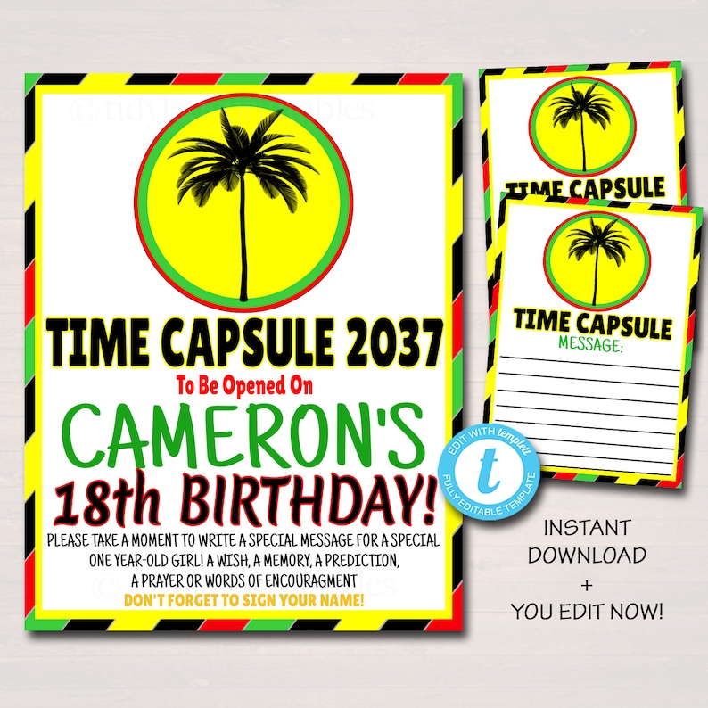 One Love First Birthday Time Capsule Printables, Party Decor, Jamaica Reggae Theme, One Year, Let's Get Together & Feel Alright, EDITABLE image 1