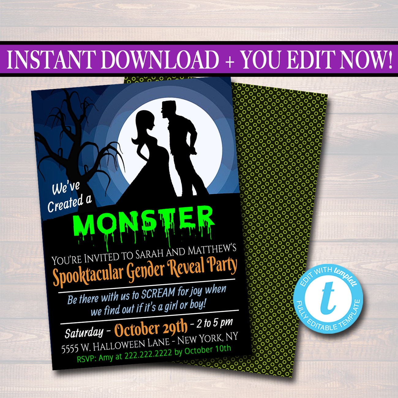 EDITABLE Gender Reveal Party Invitation Halloween Invite Halloween Baby Shower Frankenstein Weve Created a Monster INSTANT