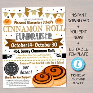 Cinnamon Roll Fundraiser Flyer, School PTA PTO Fundraising, Church Scouts Team Sports Charity Sticky Bun Benefit Printable Editable Template image 1