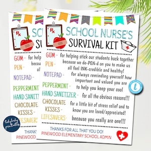 Etiquetas de presente do kit de sobrevivência da enfermeira escolar, Dia Nacional das Enfermeiras, Semana de Apreciação da Enfermeira Escolar, Cartão de Presente de Obrigado, Modelo Editável para Impressão