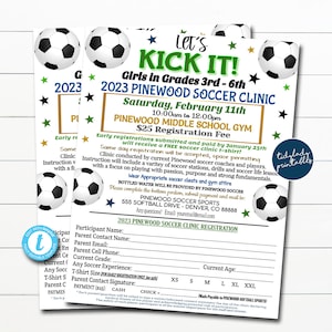 EDITIERBARE Fußball Klinik Registrierungsformular zum Ausdrucken, Fußball Fundraiser Flyer, Teamsport Fußballspieler Anmeldung Event, druckbare Vorlage