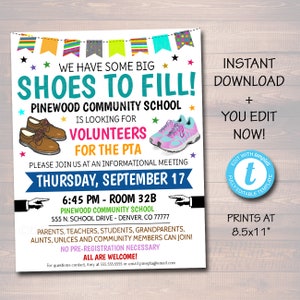 EDITABLE Volunteer Recruitment Flyer, Printable Handout, School Fundraiser, Big Shoes to Fill School, PTO PTA Template, Instant Download