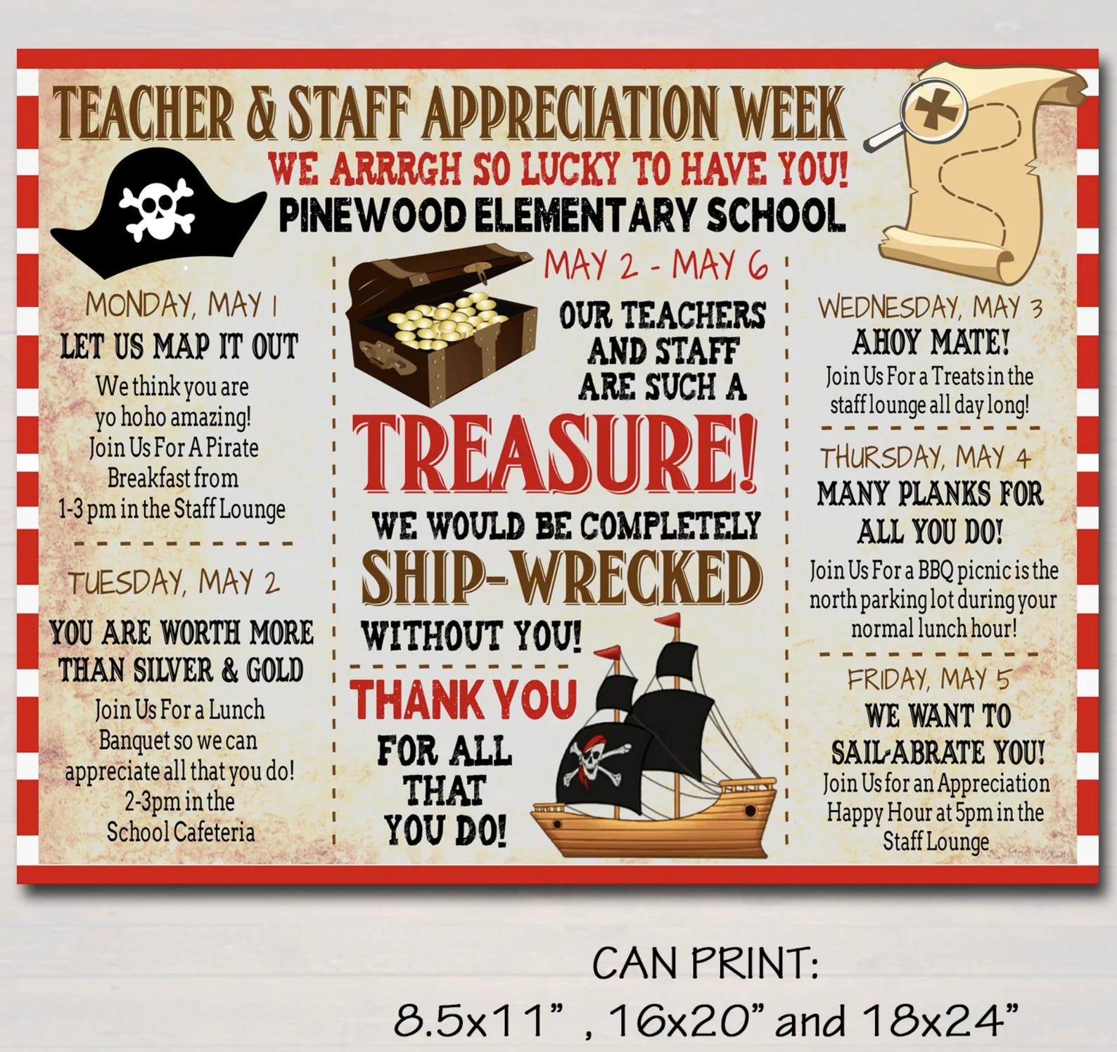 Pirate Themed Teacher Appreciation Week Itinerary Poster, School Pto ...