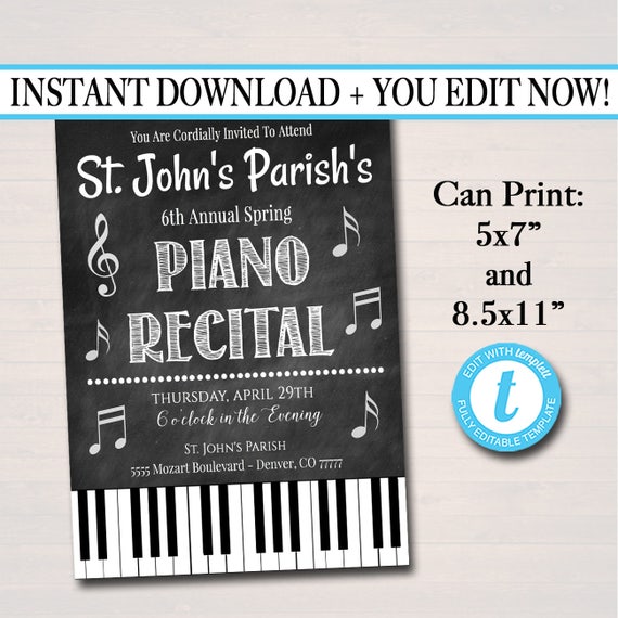 editable piano recital invitation flyer piano music performance digital invite concert invitation church school event instant download piano recital flyer template