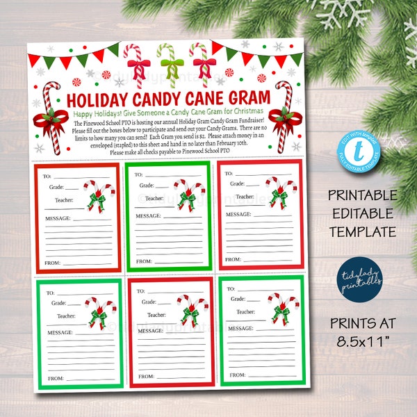 Volantino natalizio Candy Cane Gram, raccolta fondi Holiday Candy Gram, raccolta fondi autunnale della chiesa scolastica di Santa Pto Pta modello modificabile stampabile di Natale