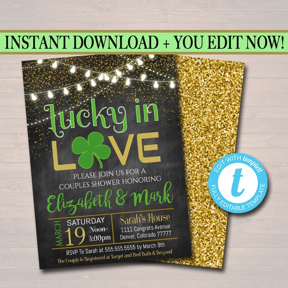 EDITABLE Lucky In Love Invitation, Bridal Shower, Bachelorette Party Digital Invite, St. Patrick's Day, Four Leaf Clover INSTANT DOWNLOAD Il_570xn