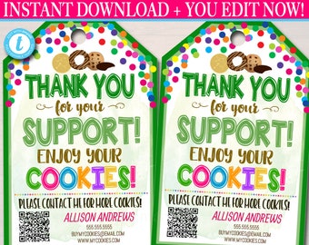 COOKIE Thank You Tags, Scout Cookie Thank You Note, Booth Sales INSTANT DOWNLOAD Printable Marketing Tags, Fundraiser Thank You Cards