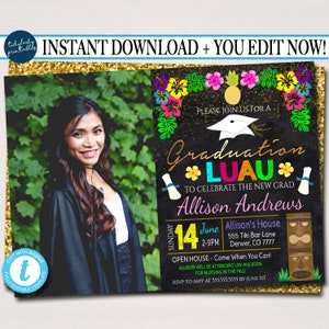 Editable Luau Graduation Invitation, Chalkboard Printable College Graduate Tropical Invite, High School Senior Graduate INSTANT DOWNLOAD