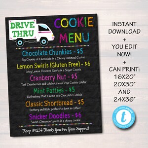 Signo de menú EDITABLE Drive Thru Cookie Booth, líder de tropa de archivos digitales, banner de galletas, cartel de venta de pasteles, DESCARGA INSTANTÁNEA imprimibles para recaudación de fondos