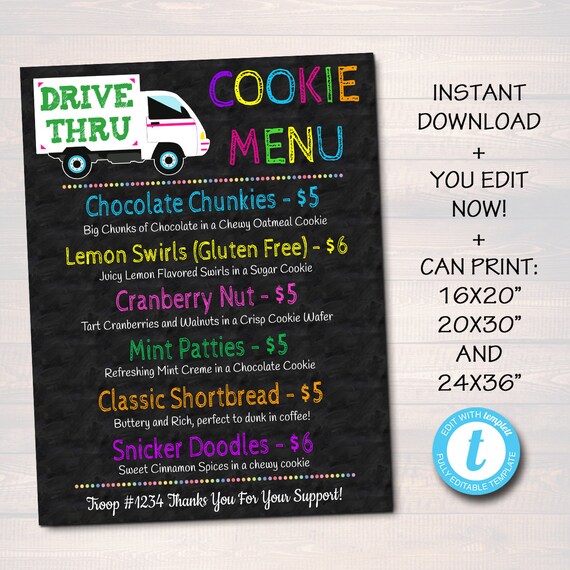 EDITABLE Drive Thru Cookie Booth Menu Sign, Digital File Troop Leader