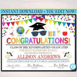 Graduation Diploma Printable Ceremony Certificate, Any Grade Kindergarten Preschool, Future is so Bright Gotta Wear Shades EDITABLE TEMPLATE