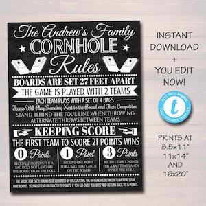 Cornhole Rules Sign, Family Outdoor Games, Bag Toss Tournament Yard Sign, Points Score Sign, Bar Leauge Rules, Printable EDITABLE TEMPLATE