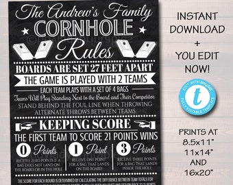 Cornhole Rules Sign, Family Outdoor Games, Bag Toss Tournament Yard Sign, Points Score Sign, Bar Leauge Rules, Printable EDITABLE TEMPLATE