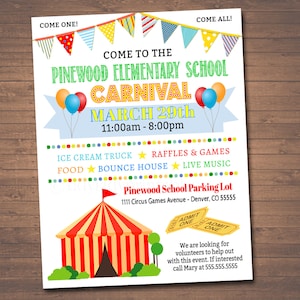 K&ouml;nnte beinhalten: Eine farbenfrohe Einladung zum Karneval der Pinewood Elementary School am 29. M&auml;rz von 11:00 Uhr bis 20:00 Uhr. Der Karneval bietet ein Eiswagen, Tombola und Spiele, ein H&uuml;pfburg, Live-Musik und Essen. Die Veranstaltung findet auf dem Parkplatz der Pinewood School in der 1111 Circus Games Avenue, Denver, CO 55555 statt.