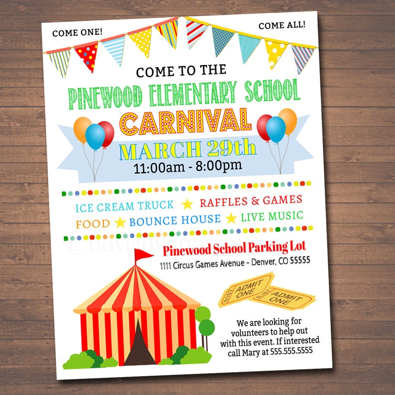 K&ouml;nnte beinhalten: Eine farbenfrohe Einladung zum Karneval der Pinewood Elementary School am 29. M&auml;rz von 11:00 Uhr bis 20:00 Uhr. Der Karneval bietet ein Eiswagen, Tombola und Spiele, ein H&uuml;pfburg, Live-Musik und Essen. Die Veranstaltung findet auf dem Parkplatz der Pinewood School in der 1111 Circus Games Avenue, Denver, CO 55555 statt.