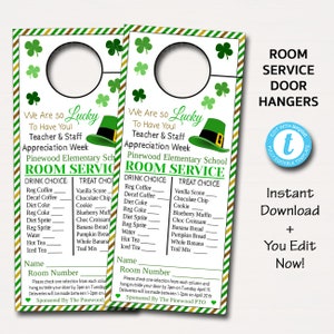 St. Patricks Day Room Service Türhänger, SOFORTIGER DOWNLOAD, Lehrer und Mitarbeiter Wertschätzung, druckbar bearbeitbar Danke Tag Schule Pto Pta