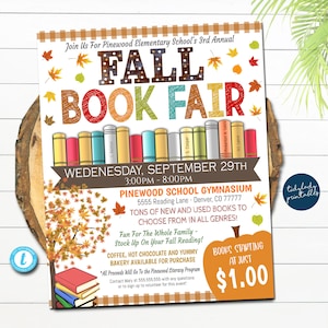 May include: A colorful flyer for a fall book fair at Pinewood Elementary School. The flyer features a stack of books, autumn leaves, and a pumpkin. The event is on Wednesday, September 29th from 3:00 PM to 8:00 PM at the Pinewood School Gymnasium. Books start at $1.00.