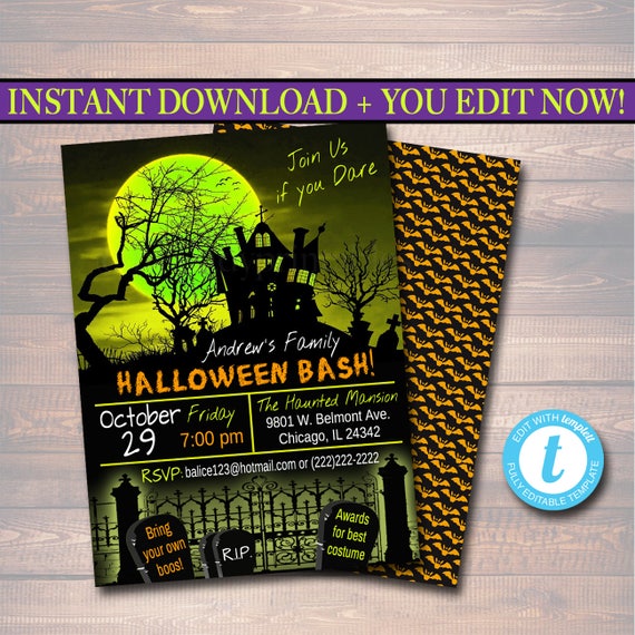 printable halloween invitation haunted house costume party etsy