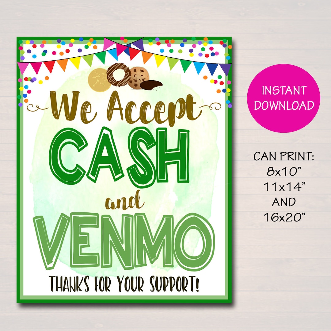 We Accept Payments Sign Cash and Venmo, Fundraising Booth, Bake Sale