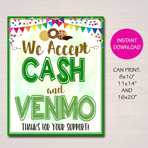 We Accept Payments Sign Cash and Venmo, Fundraising Booth, Bake Sale, Cookie Booth Printable Scouts Cookie Banner, Cookie Booth Poster