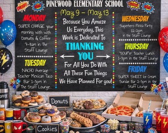 Editable Superhero Theme Teacher Appreciation Week Itinerary Poster, Employee Staff Thank You Idea (Digital File)