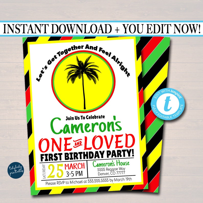 EDITABLE One Love First Birthday Party Invitation, Jamaica Reggae Theme Theme, One Year, Let's Get Together & Feel Alright, INSTANT DOWNLOAD image 2