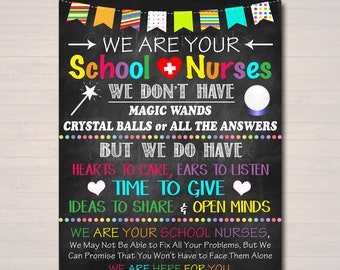 Może przedstawiać: Tablica z czarnej kredy z kolorową girlandą na górze głosi "We are your School Nurses. We don't have magic wands, crystal balls or all the answers, but we do have hearts to care, ears to listen, time to give, ideas to share & open minds. We are your school nurses, we may not be able to fix all your problems, but we can promise that you won't have to face them alone. We are here for you."