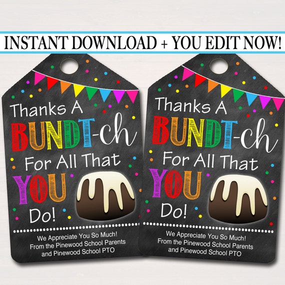 EDITABLE Bundt Cake Appreciation Gift Tags, Staff Teacher Volunteer