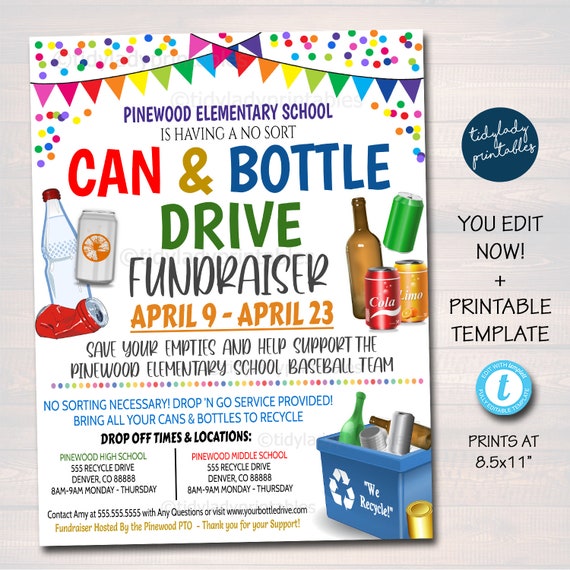 Can and Bottle Drive Fundraiser Flyer Printable Pta Pto Etsy
