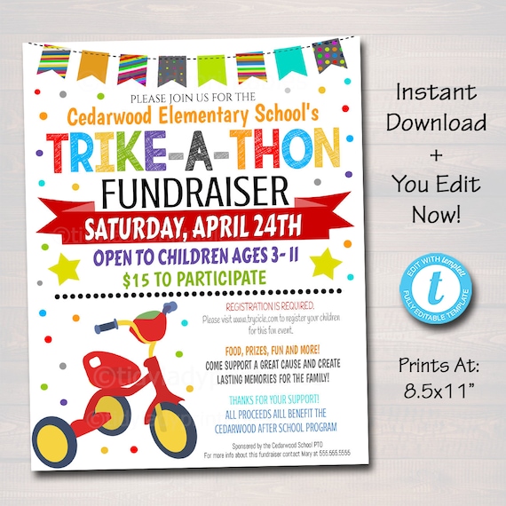 EDITABLE Trike-a-thon Fundraiser Flyer, Printable Bike Handout, School Pto Pta Fundraiser Event, Church Nonprofit, Instant Download Template Il_570xn