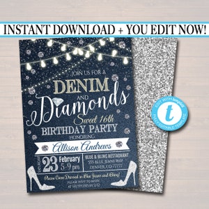 May include: A blue and silver denim and diamonds themed birthday party invitation for a Sweet 16th birthday. The invitation features a blue denim background with silver glitter and white lights. The text on the invitation reads "Join us for a Denim and Diamonds Sweet 16th Birthday Party Honoring Allison Andrews". The invitation also includes the date, time, and location of the party.  Please RSVP to Mary at 555.555.5555 by 2/12.