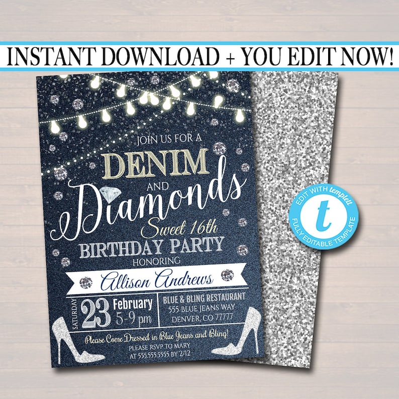 May include: A blue and silver denim and diamonds themed birthday party invitation for a Sweet 16th birthday. The invitation features a blue denim background with silver glitter and white lights. The text on the invitation reads "Join us for a Denim and Diamonds Sweet 16th Birthday Party Honoring Allison Andrews". The invitation also includes the date, time, and location of the party.  Please RSVP to Mary at 555.555.5555 by 2/12.