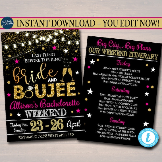 Bride & Boujee EDITABLE Bachelorette Party Invitation, Big City Champagne Glitter, Bride Tribe Girls Weekend Itinerary, Instant Download Il_570xn