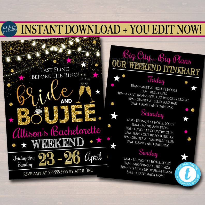 Bride /& Boujee EDITABLE Bachelorette Party Invitation Bride Tribe Girls Weekend Itinerary Instant Download Big City Champagne Glitter