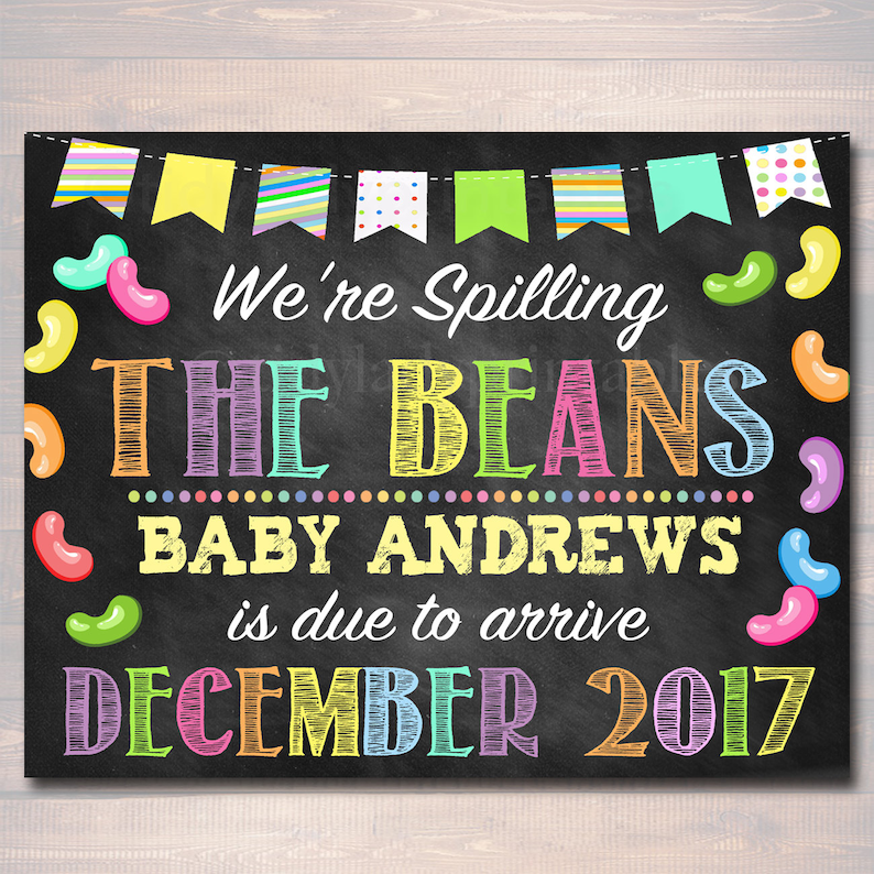 CUSTOM Chalkboard Pregnancy Announcement, We're Spilling The Beans Chalkboard Poster Spring Pregancy Reveal Prop Easter Photo Pregnant Sign image 1