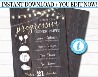 Editable Progressive Dinner Party Invitation, Neighborhood Potluck Party Invite, Rustic Wood Printable, House Round Robin, INSTANT DOWNLOAD