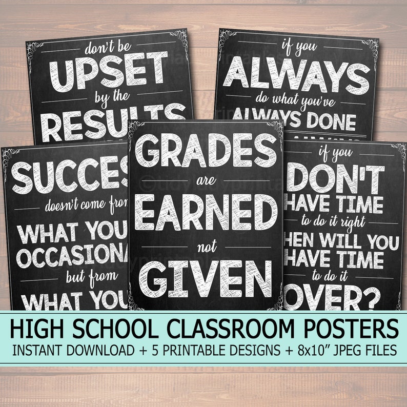 May include: Five black and white printable posters with motivational quotes for high school classrooms. The posters feature chalkboard-style backgrounds with white text. The quotes include: "Don't be upset by the results", "If you always do what you've always done", "Success doesn't come from what you occasionally do, but from what you consistently do", "Grades are earned, not given", and "If you don't have time to do it right, when will you have time to do it over?"