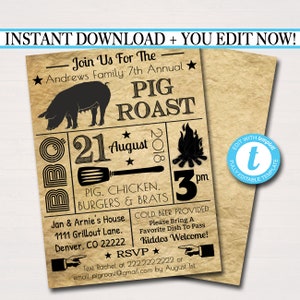 EDITABLE Pig Roast Invitation, Company Picnic, Family Picnic, BBQ Invite, Picnic Invitation, Barbecue Party, Summer Backyard Party Invite