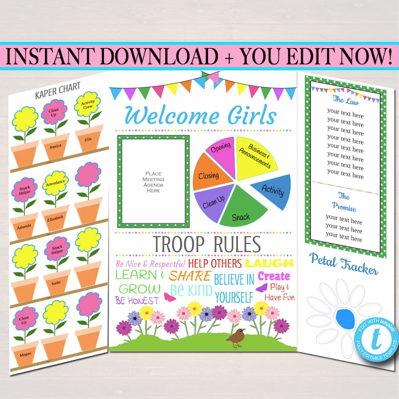 Daisy Kaper Chart & Meeting Display Board INSTANT EDITABLE Daisy Troop Leader Forms, Daisy Meetings, Welcome Printable Panels image 1