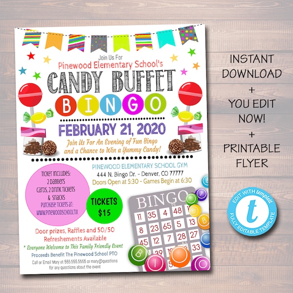 Candy Bingo Night Flyer, Printable School Pto Pta Family Family
