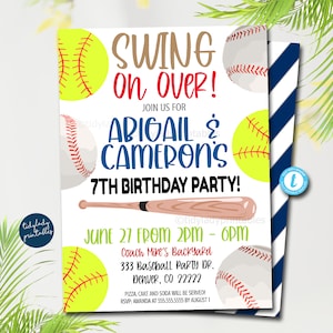Convite para festa de softbol e beisebol, final de temporada, esportes de equipe editáveis, festa de quintal infantil de verão para impressão EDITÁVEL