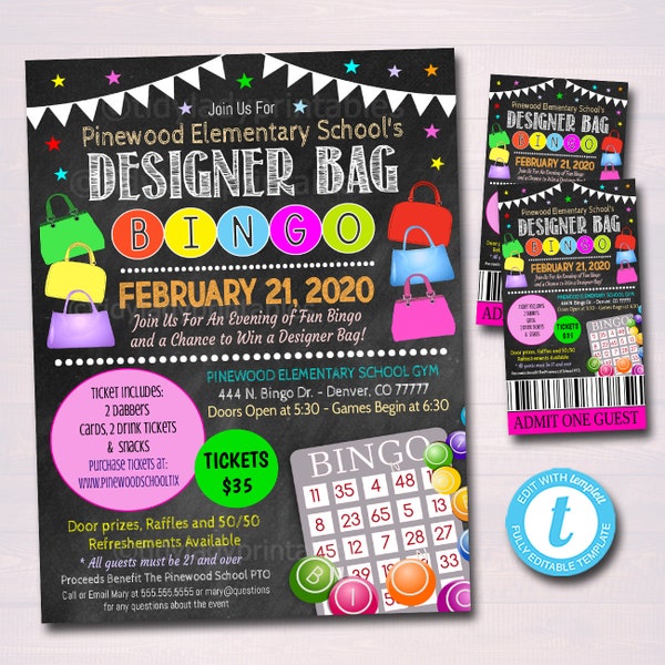 Designer Bag Bingo Night Flyer Ticket Set School Pto Pta Family Womens Fundraiser Event, Community Church Bingo Fundraiser Editable Template